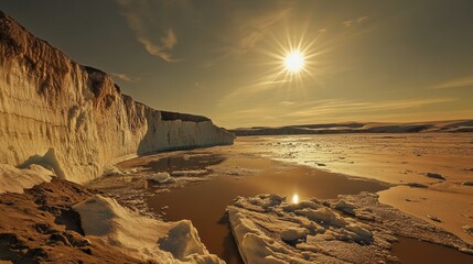 The melting glaciers of the Arctic showcase the stark effects of global warming with reflections in the surrounding waters. Generative AI
