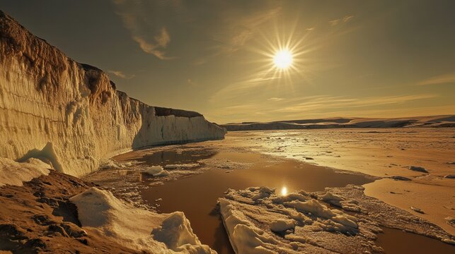 The melting glaciers of the Arctic showcase the stark effects of global warming with reflections in the surrounding waters. Generative AI