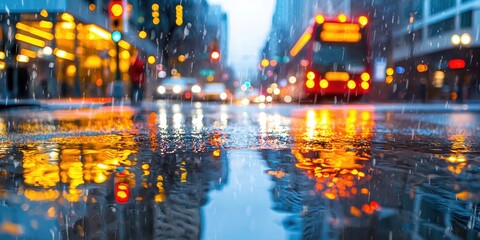 Obraz premium Rainy Night Cityscape with Blurred Lights Reflection in Puddles