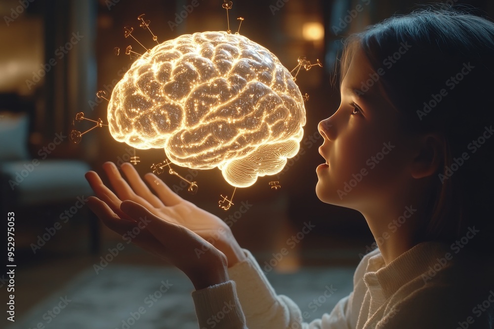 Poster child holding a glowing brain model symbolizing cognitive learning intellectual growth and the power