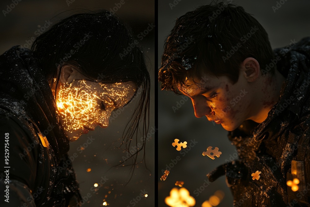 Poster dark portrait of a man and woman with glowing brain patterns symbolizing cognitive bonding emotional