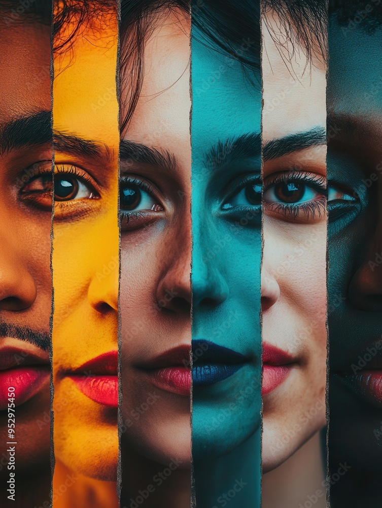 Aufkleber brightly illuminated faces showcase diversity, separated by a line that symbolizes bias, emphasizing