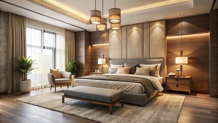 Fototapeta premium A luxurious retreat with sleek lines, featuring designer furniture, natural textures, and beige walls. Pendant lights and plush rugs bring warmth, while luxe fabrics and surfaces radiate serenity.