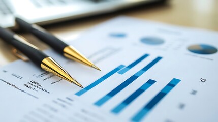 Two Pens Resting on a Spreadsheet with Blue Bar Graphs