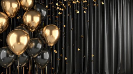 Black and gold balloons and confetti in front of black curtains.