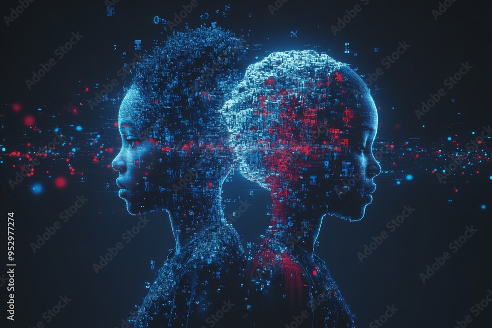 Aufkleber abstract dual silhouettes with blue and red neural networks symbolizing cognitive duality emotional 
