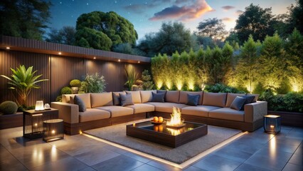 Fototapeta premium A serene backyard retreat features espresso-sofa seating amidst lush greenery, juxtaposed with modern glass tables and rust-colored steel fire pit, under a starry sky.