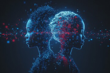 Obraz premium Abstract Dual Silhouettes with Blue and Red Neural Networks Symbolizing Cognitive Duality Emotional Conflict and the Contrasts of Thought in a Futuristic Setting