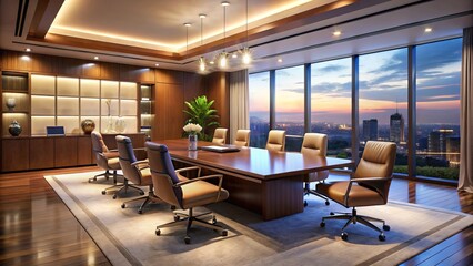A serene boardroom setting at dusk, where minimalist lighting highlights high-gloss wood desks, sleek leather chairs, and rich jewel-toned sofas against a soft gradient of blue and orange.