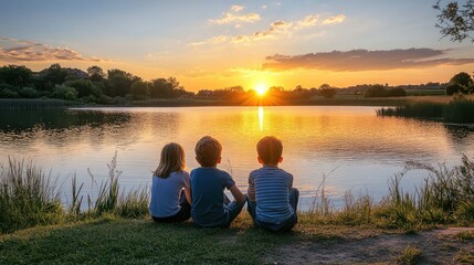 Children watching a sunset by a serene lake, capturing a moment of tranquility and connection.