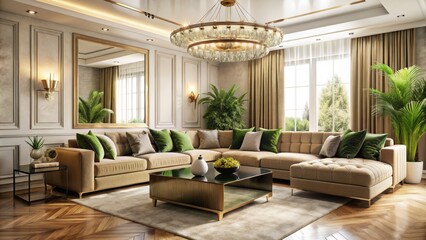 Fototapeta premium A soft golden glow illuminates warm beige walls, accented with lush greenery and metallic accents for a cozy atmosphere.