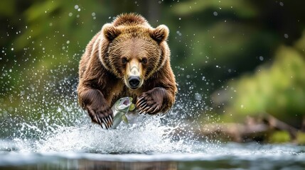 Obraz premium Brown Bear Jumping for Salmon in River