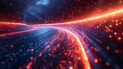 Obraz premium Futuristic Neon Light Trail on a Curved Path with Sparkling Particles in a Dark Space