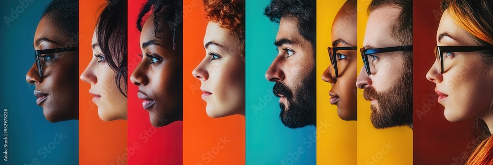 Poster Faces of individuals from various backgrounds are separated by vibrant colors, highlighting themes of diversity, division, and bias. Generative AI