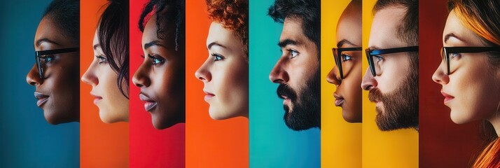 Faces of individuals from various backgrounds are separated by vibrant colors, highlighting themes of diversity, division, and bias. Generative AI