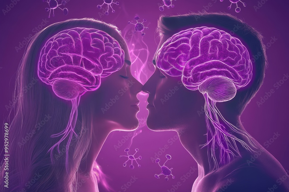 Poster dual silhouettes with glowing brain patterns symbolizing cognitive connection emotional reflection a