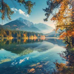 Beautiful autumn scene of Hintersee lake. Colorful morning view of Bavarian Alps on the Austrian border, Germany, Europe. Beauty of nature concept background.