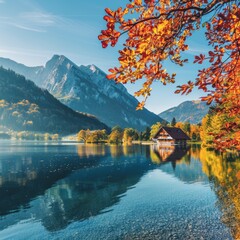 Fototapeta premium Beautiful autumn scene of Hintersee lake. Colorful morning view of Bavarian Alps on the Austrian border, Germany, Europe. Beauty of nature concept background.