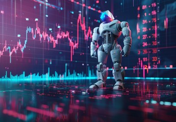 Fototapeta premium Futuristic Robot Analyzing Stock Market Data with Holographic Charts in a High-Tech Environment