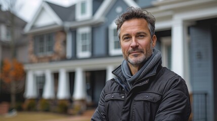 Confident Middle-Aged Man Standing in Front of Modern Suburban House on a Cloudy Day