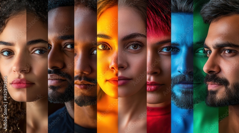 Poster people of various backgrounds are divided by a line, showcasing their unique features and the richne