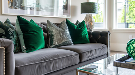Contemporary living room featuring a charcoal gray sofa, emerald green throw pillows, and a glass coffee table.