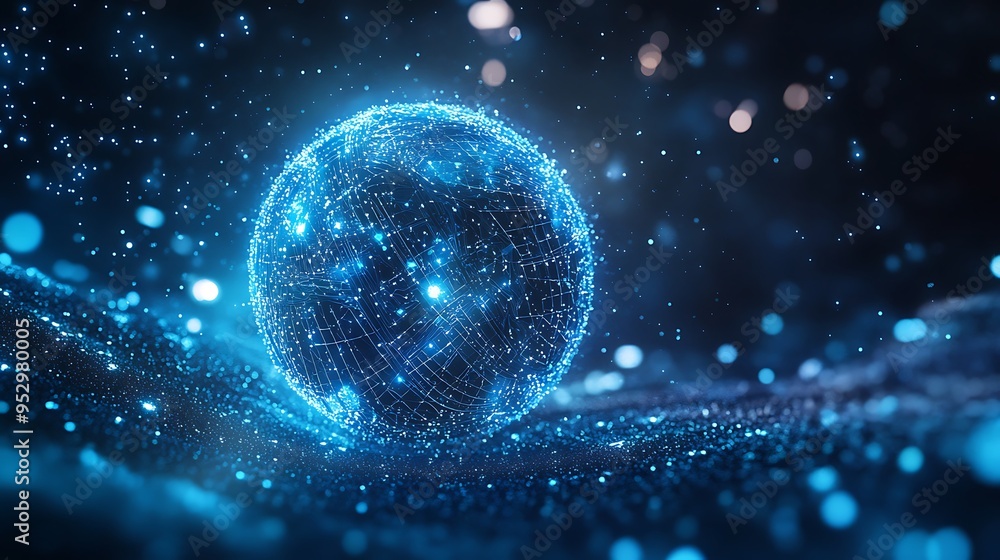 Poster a glowing blue sphere with abstract pattern and bokeh lights on a dark background