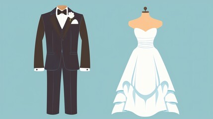 Wedding attire, brides dress and grooms suit, flat design illustration