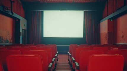 Fototapeta premium Cozy Vintage Movie Theater with Red Seats and Large Screen in Dim Lighting