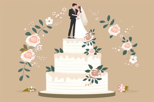 Wedding cake, with bride and groom figurines, flat design illustration