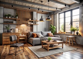 Cozy industrial minimalist studio apartment design concept for relaxing ambiance and artistic expression with rustic wooden accents gray and beige color palette modern functional furniture layout