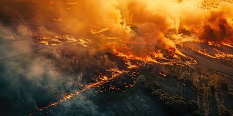 Fototapeta premium Aerial View of Wildfire Devastating Fields Ecology Disaster