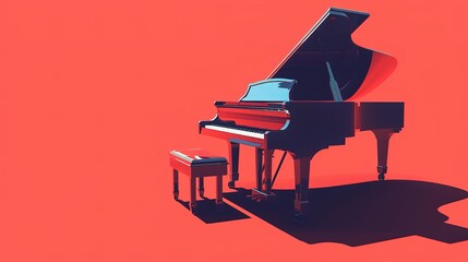 Illustration of a black piano on a red background