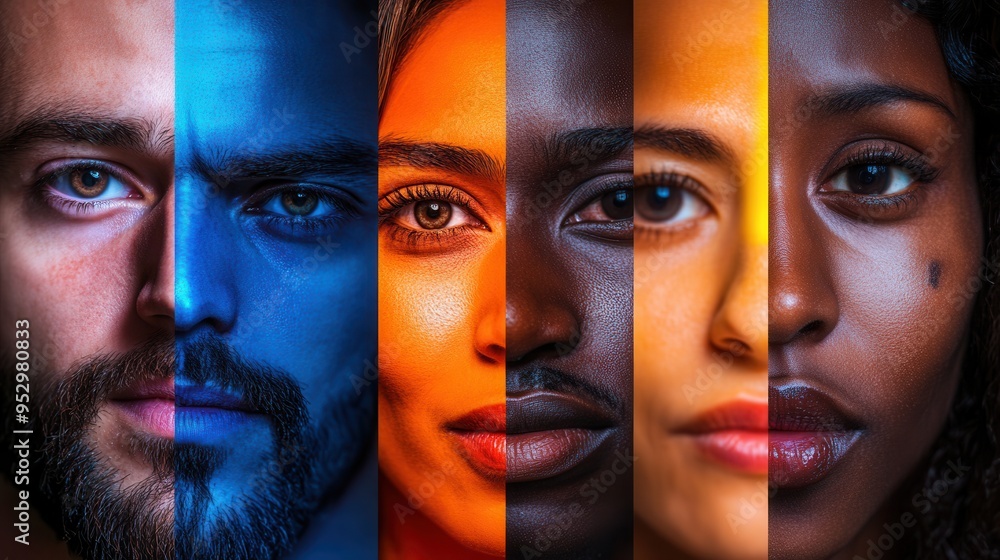Poster faces representing diversity are starkly contrasted by a dividing line, highlighting bias and differ