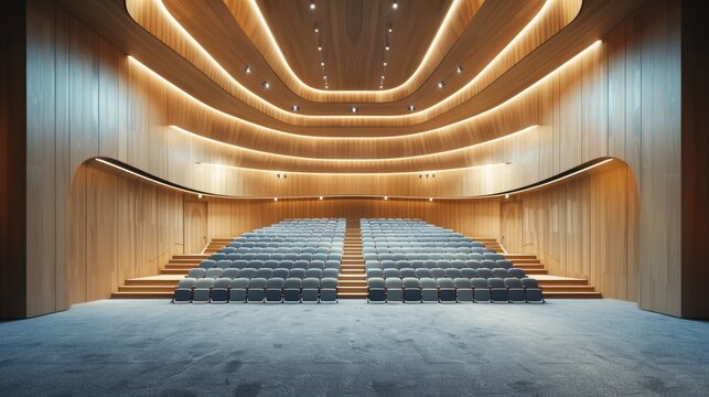 Modern Wooden Auditorium with Tiered Seating and Ambient Lighting for Conferences and Performances