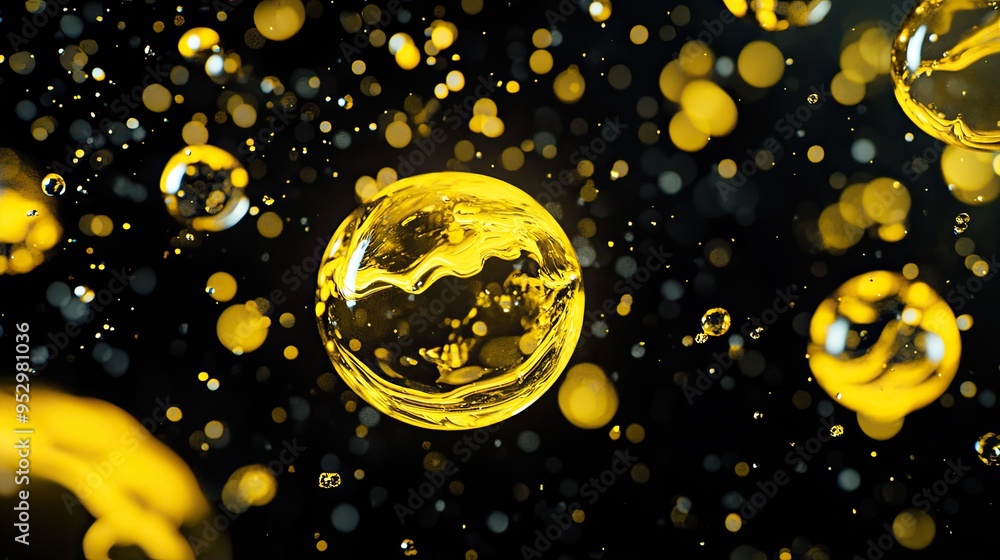 Poster close-up of yellow bubbles suspended in liquid, creating a visually striking abstract effect.