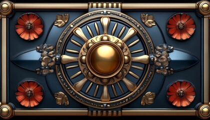 Obraz premium Ornate Golden Wheel with Floral Accents on a Blue Background