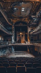 Obraz premium Abandoned Vintage Theater with Ornate Architecture and Decaying Interior