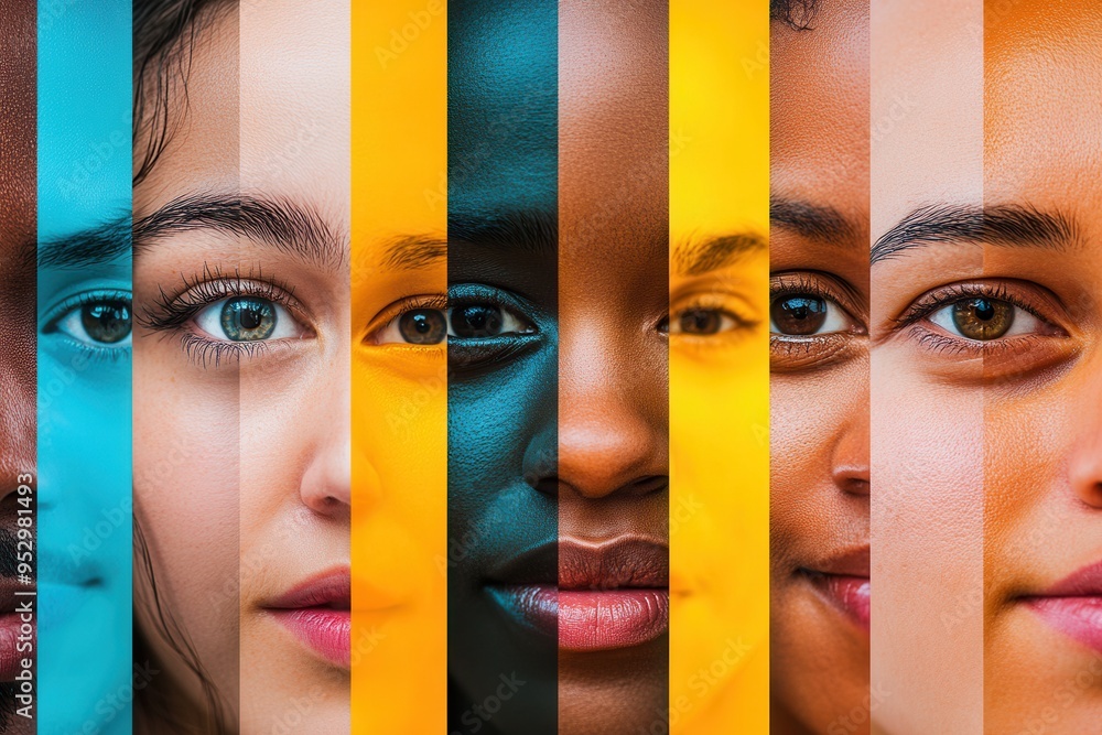 Poster faces of different individuals are separated by a bold barrier, emphasizing the themes of division, 