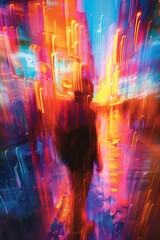 Vibrant Neon Lights in Urban Cityscape with Silhouetted Figure and Blurred Motion Effects
