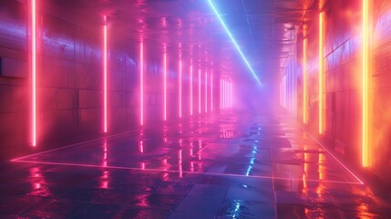 Fototapeta na wymiar Futuristic Neon Lit Tunnel with Reflective Surfaces and Atmospheric Fog in a Modern Urban Setting