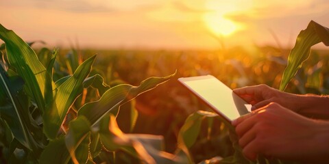 Utilizing a tablet to assess corn crop data at dusk through internet-enabled technology that incorporates agricultural information.
