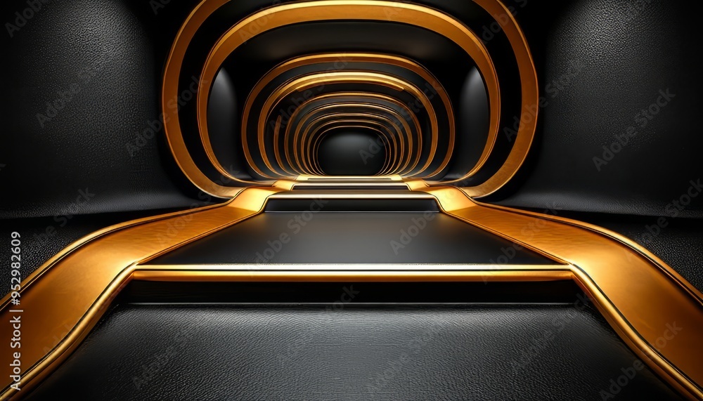 Wall mural Black and Gold Abstract Tunnel with Curved Edges