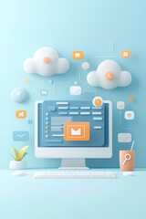 A computer screen with program codes, surrounded by various app icons and clouds, concept of coding procedure