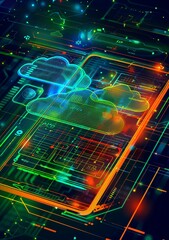 Obraz premium Futuristic Cloud Computing Concept with Neon Lights and Digital Interface for Modern Technology and Innovation