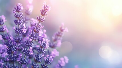 Obraz premium A close-up of detailed lavender flowers with a blurred background, leaving space on the left for text, suitable for a calming message.