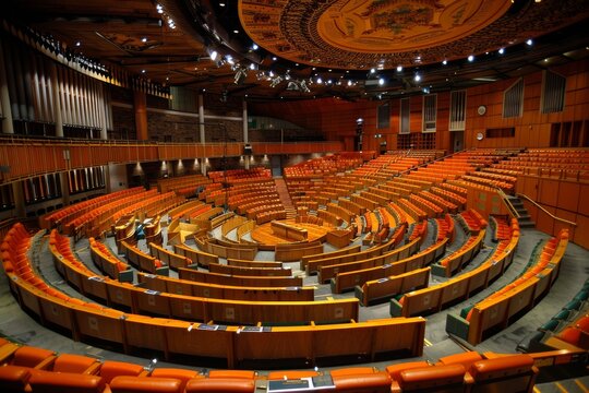 Modern Circular Auditorium with Orange Seating and Wooden Accents in a Large Conference Hall