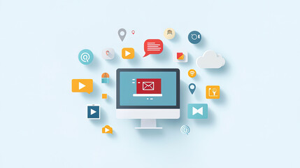 Fototapeta premium A computer screen with program codes, surrounded by various app icons and clouds, concept of coding procedure