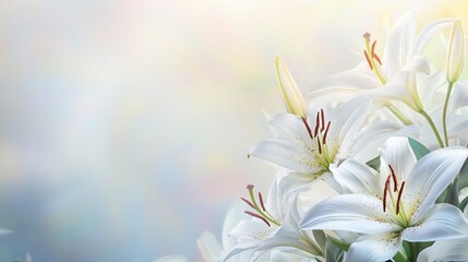 Naklejka premium A close-up of detailed white lilies with a gradient background, providing ample space above for adding personalized text, ideal for sympathy cards.