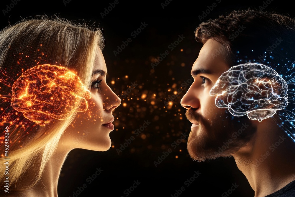 Poster couple with contrasting red and blue brain patterns symbolizing cognitive duality emotional bonding 